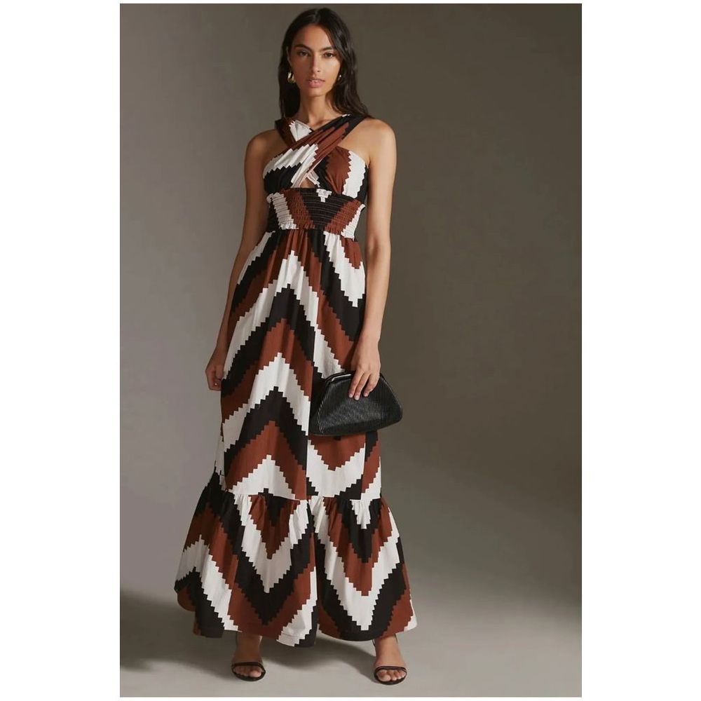 New Anthropologie PLENTY BY TRACY REESE  Halter Maxi Dress - Chevron Size Medium